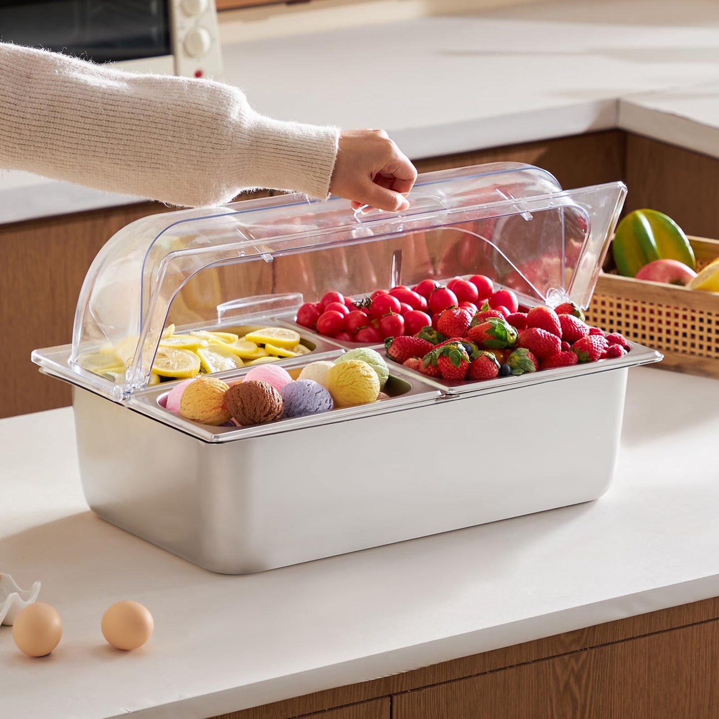 Insulated Cold Food Buffet Server | 3 x 4QT Chilled Serving Trays with Reusable Ice Packs, Cold Condiment Holder for Salads, Pizza Sauce, Dips & Appetizers, Ideal for Parties, Catering & Buffets