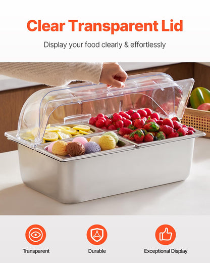 Cold Food Buffet Server 9.6Qt (6 Pans×1.6Qt) with Ice Packs for Salad Pizza Sauce Colded Serving Trays Condiments Containers for Parties Buffet