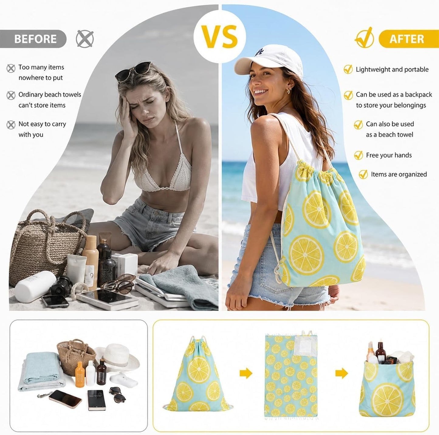 🏖️🏊‍♀️2‑in‑1 Convertible Beach Towel & Drawstring Backpack