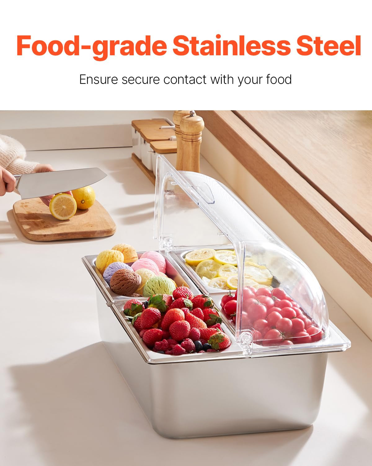 Cold Food Buffet Server 9.6Qt (6 Pans×1.6Qt) with Ice Packs for Salad Pizza Sauce Colded Serving Trays Condiments Containers for Parties Buffet