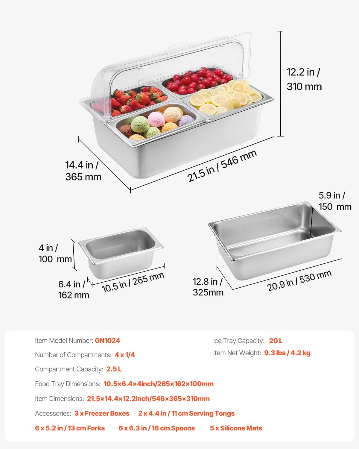 Insulated Cold Food Buffet Server | 3 x 4QT Chilled Serving Trays with Reusable Ice Packs, Cold Condiment Holder for Salads, Pizza Sauce, Dips & Appetizers, Ideal for Parties, Catering & Buffets