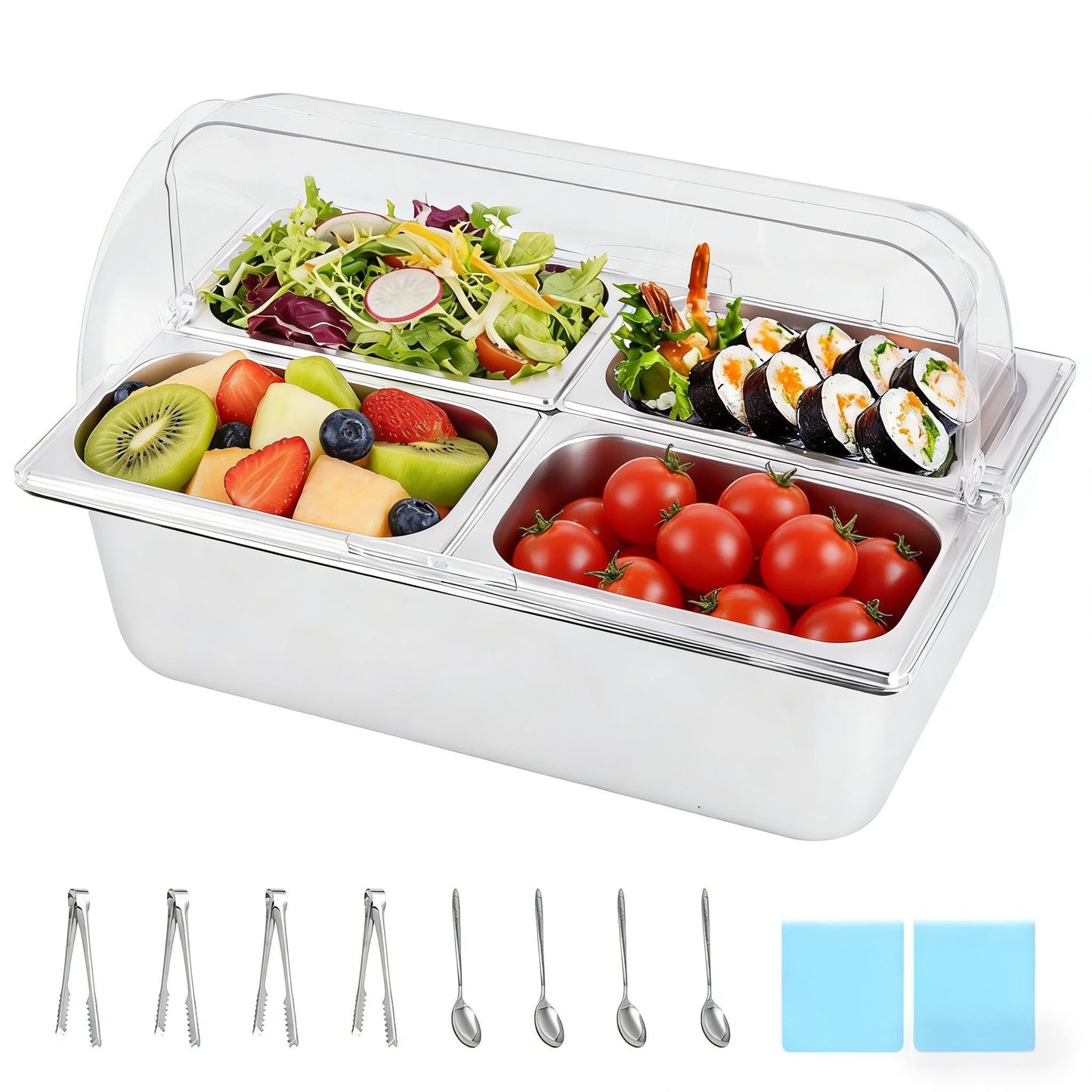 Insulated Cold Food Buffet Server | 3 x 4QT Chilled Serving Trays with Reusable Ice Packs, Cold Condiment Holder for Salads, Pizza Sauce, Dips & Appetizers, Ideal for Parties, Catering & Buffets