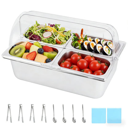 Insulated Cold Food Buffet Server | 3 x 4QT Chilled Serving Trays with Reusable Ice Packs, Cold Condiment Holder for Salads, Pizza Sauce, Dips & Appetizers, Ideal for Parties, Catering & Buffets