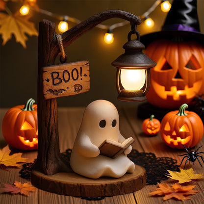 Cute Ghost Reading Book Lamp - Cozy Halloween LED Night Light & Bookshelf Decor