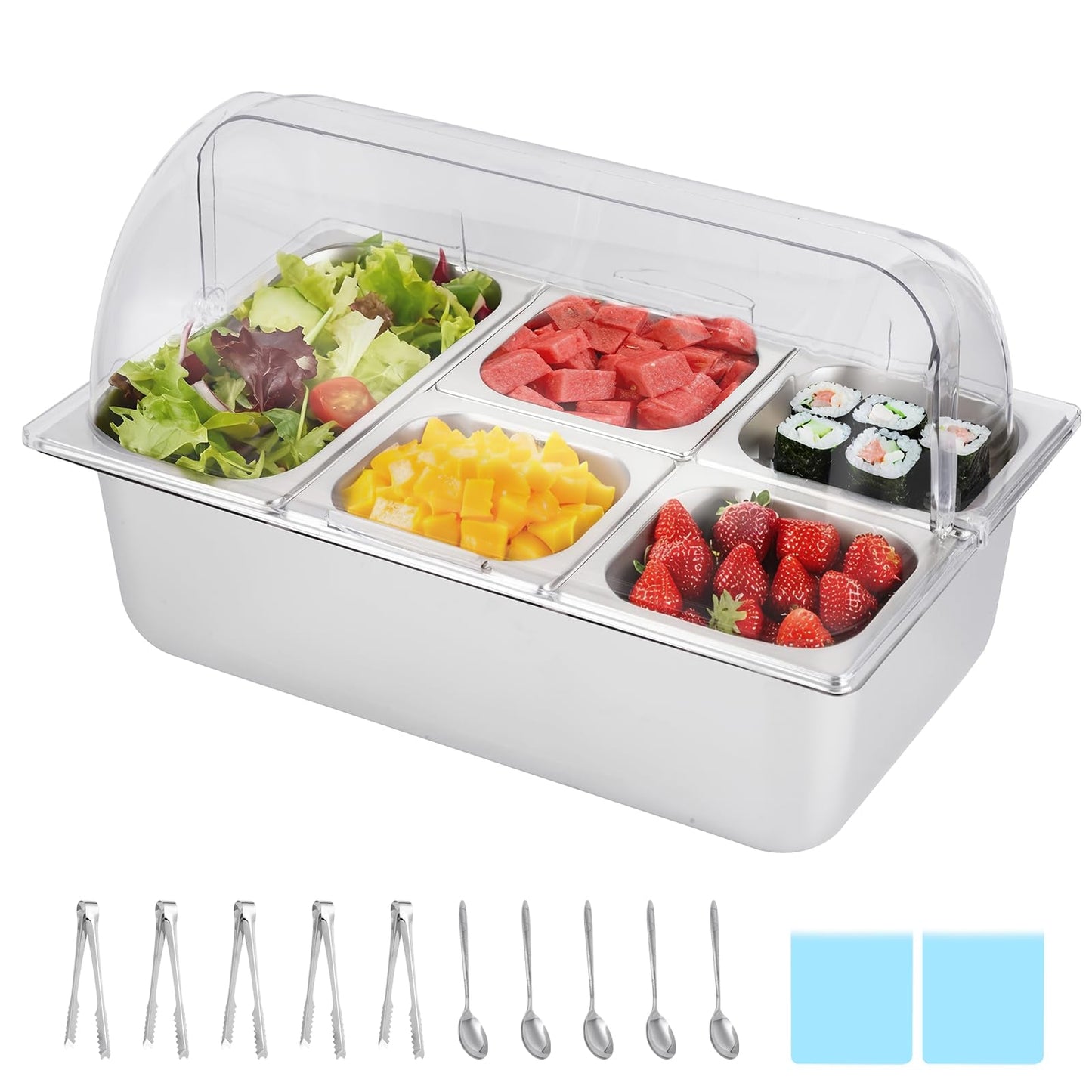 Insulated Cold Food Buffet Server | 3 x 4QT Chilled Serving Trays with Reusable Ice Packs, Cold Condiment Holder for Salads, Pizza Sauce, Dips & Appetizers, Ideal for Parties, Catering & Buffets