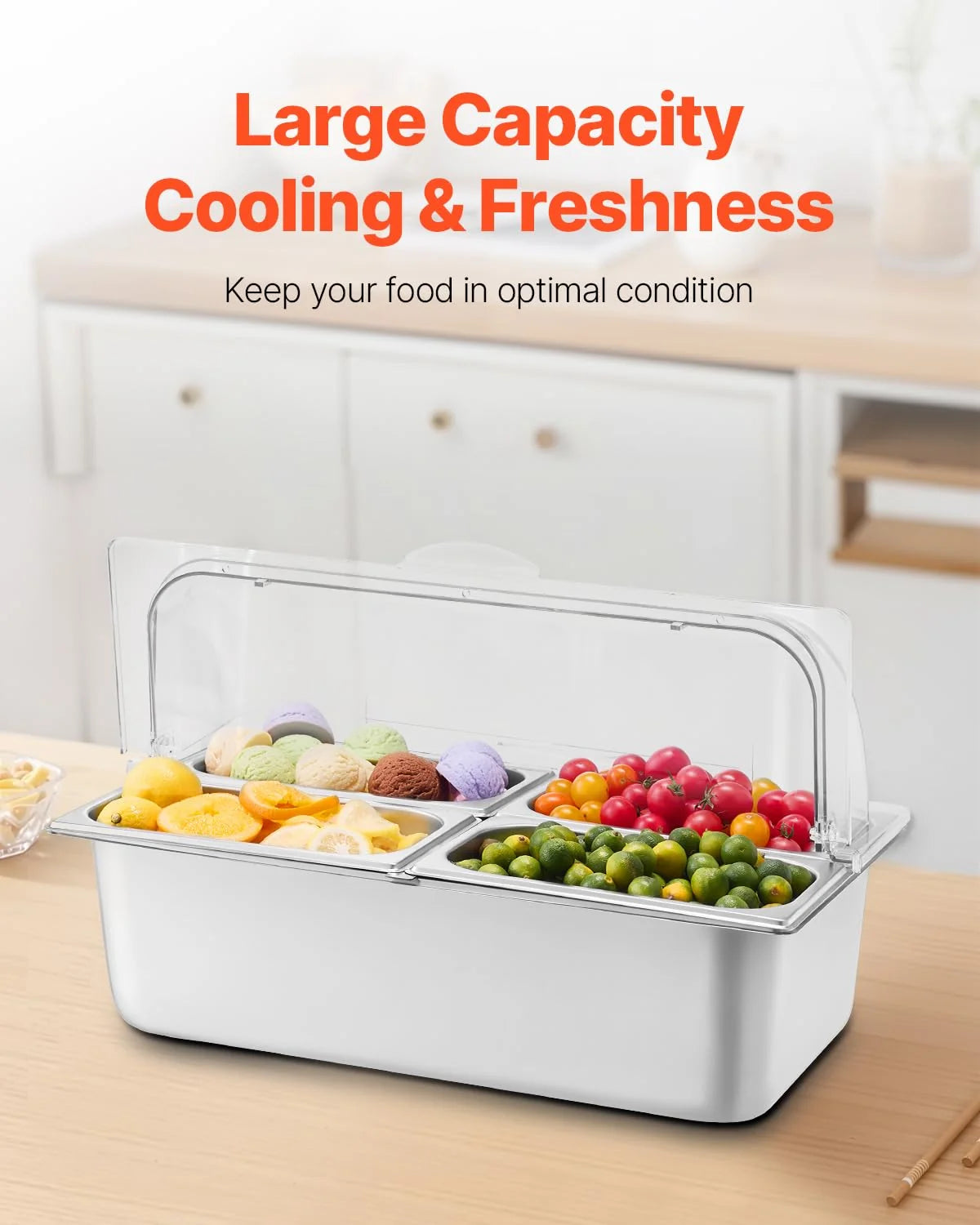 Cold Food Buffet Server 9.6Qt (6 Pans×1.6Qt) with Ice Packs for Salad Pizza Sauce Colded Serving Trays Condiments Containers for Parties Buffet