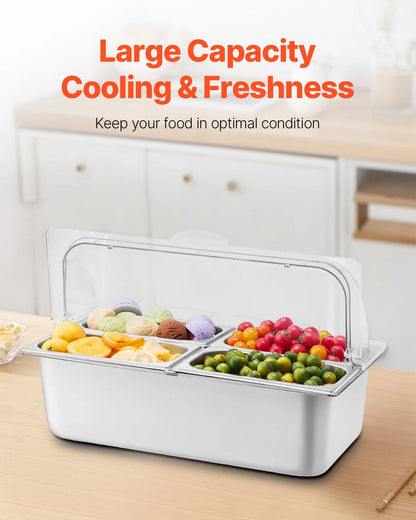 Cold Food Buffet Server 9.6Qt (6 Pans×1.6Qt) with Ice Packs for Salad Pizza Sauce Colded Serving Trays Condiments Containers for Parties Buffet
