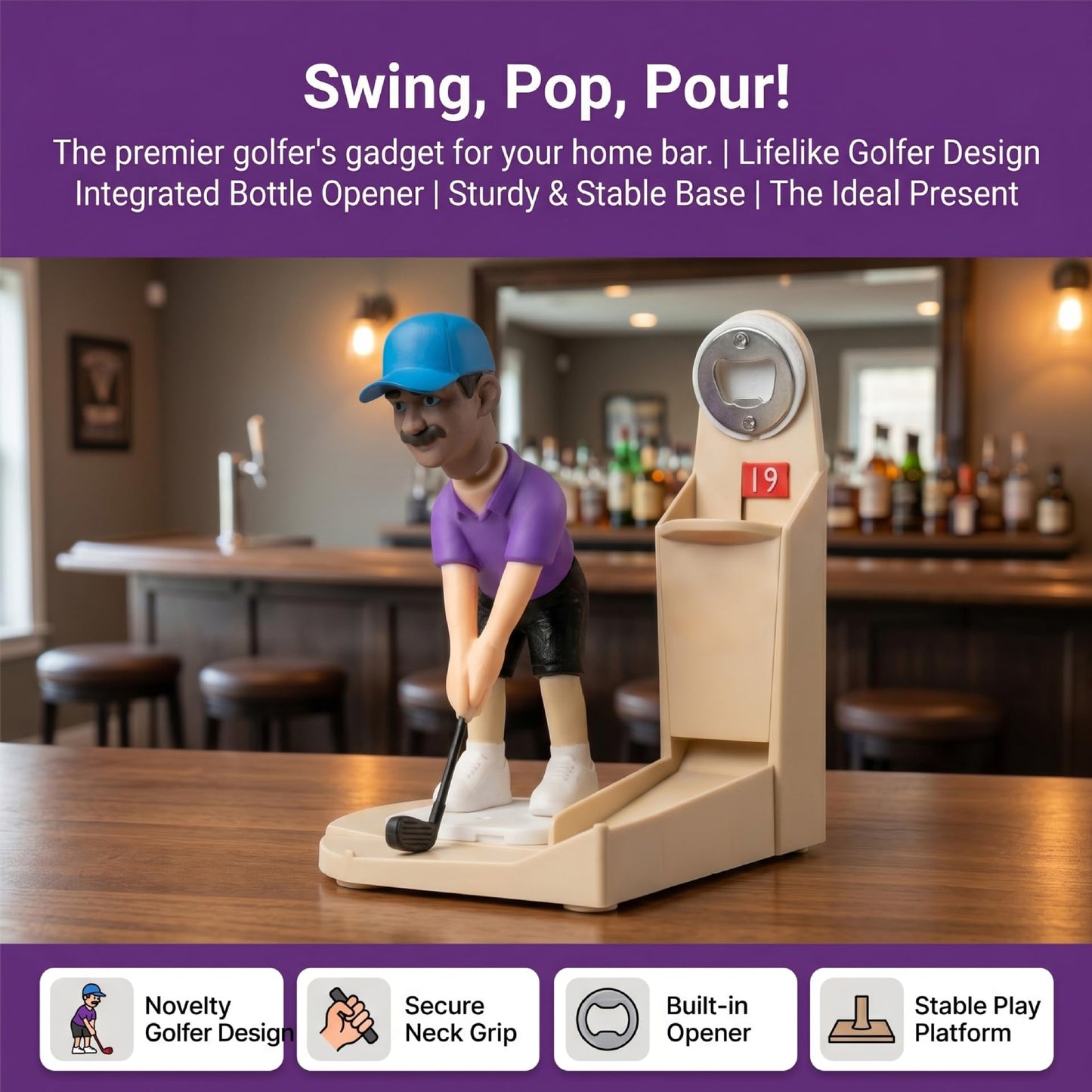 ⛳🍺✨Hook-It Harry Golfer Bottle Cap Launcher | Interactive Beer Opener, Funny Golf-Themed Novelty Gift for Golf Lovers, Party Bar Tool