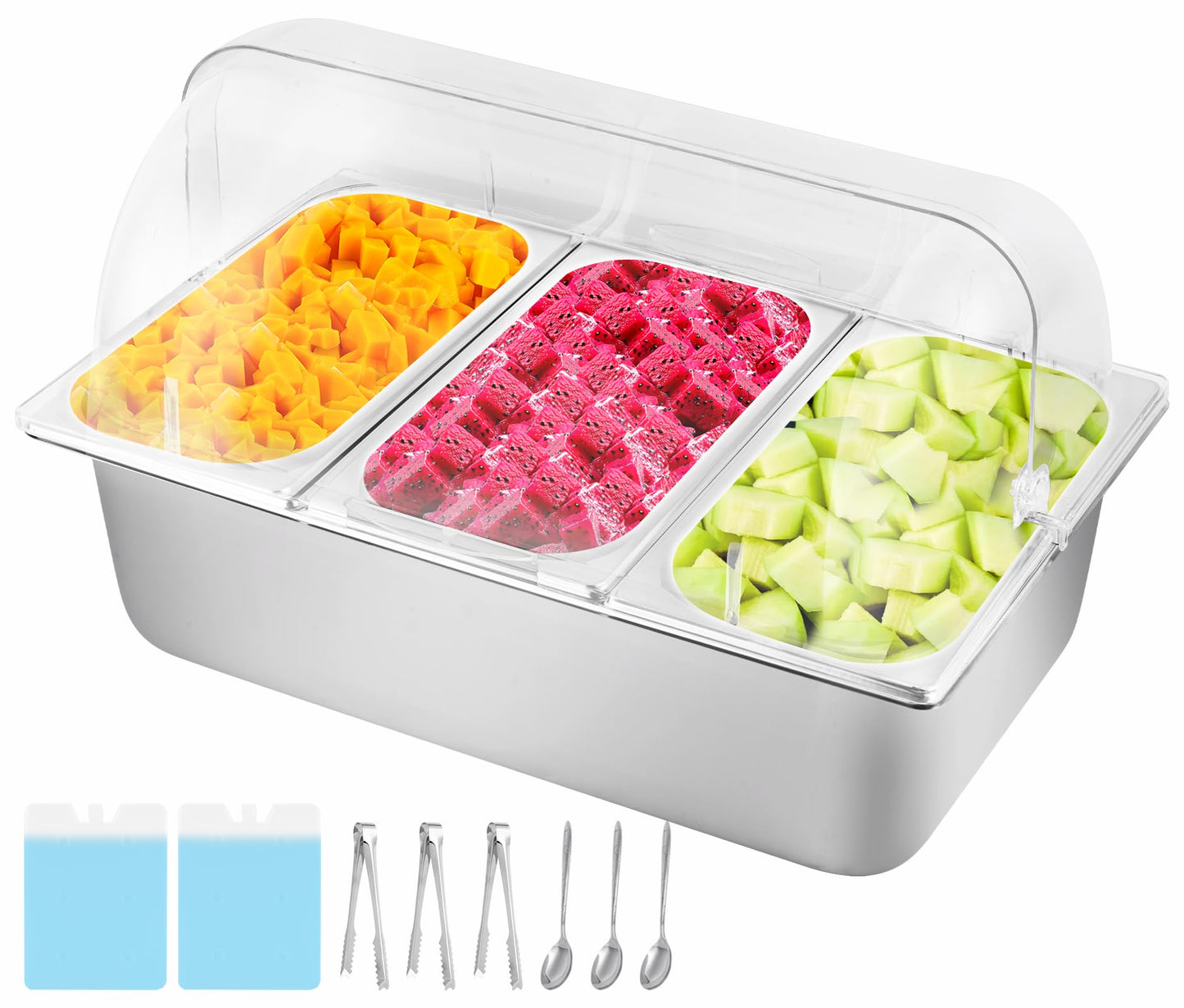 Cold Food Buffet Server 9.6Qt (6 Pans×1.6Qt) with Ice Packs for Salad Pizza Sauce Colded Serving Trays Condiments Containers for Parties Buffet
