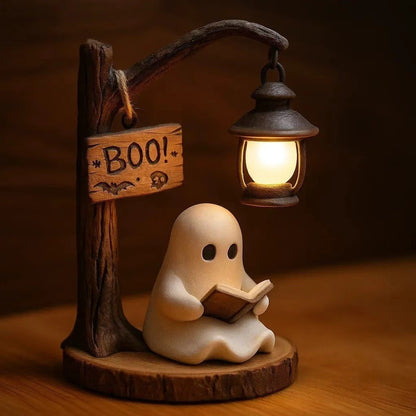Cute Ghost Reading Book Lamp - Cozy Halloween LED Night Light & Bookshelf Decor