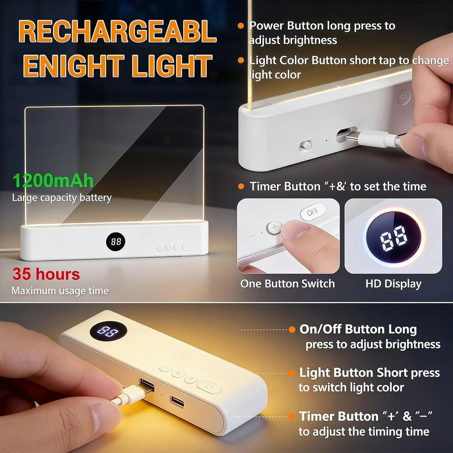 Rechargeable Dimmable LED Reading Light 3 Color Timed Off Desk Lamp