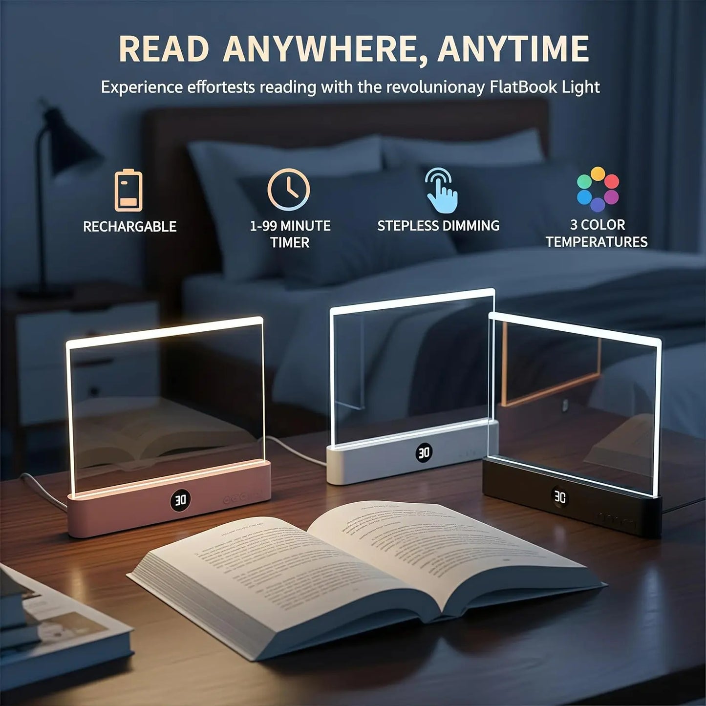 Rechargeable Dimmable LED Reading Light 3 Color Timed Off Desk Lamp